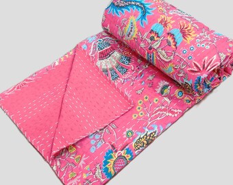 vintage Indian 100% Cotton handstitched  Kantha Quilt, Floral design, kantha throws, kantha blanket, kantha bedspread, Cotton Bedspread