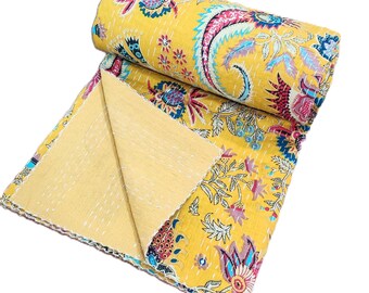 vintage Indian 100% Cotton handstitched  Kantha Quilt, Floral design, kantha throws, kantha blanket, kantha bedspread, Cotton Bedspread