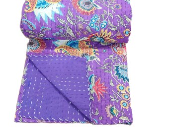 vintage Indian 100% Cotton handstitched  Kantha Quilt, Floral design, kantha throws, kantha blanket, kantha bedspread, Cotton Bedspread