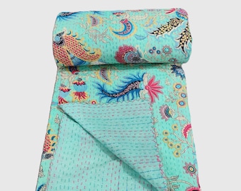 vintage Indian 100% Cotton handstitched  Kantha Quilt, Floral design, kantha throws, kantha blanket, kantha bedspread, Cotton Bedspread