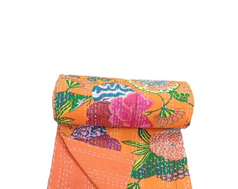 vintage Indian 100% Cotton handstitched  Kantha Quilt, Floral design, kantha throws, kantha blanket, kantha bedspread, Cotton Bedspread