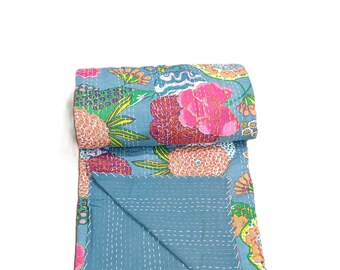 vintage Indian 100% Cotton handstitched  Kantha Quilt, Floral design, kantha throws, kantha blanket, kantha bedspread, Cotton Bedspread