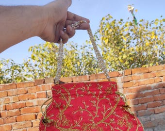 Red Embroidered Potli Bag, Indian Wedding Favor, Ethnic Handbag