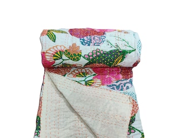 vintage Indian 100% Cotton handstitched  Kantha Quilt, Floral design, kantha throws, kantha blanket, kantha bedspread, Cotton Bedspread