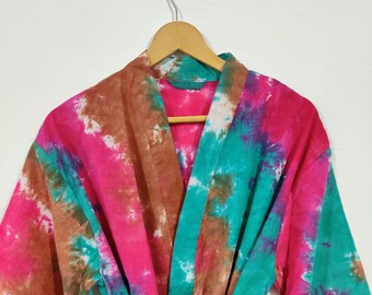 Kimono 100% algodón Tie Dye Bandej, bata kimono de algodón, bata kimono, vestido kimono, kimono para mujer, kimono india, kimono largo, conjunto kimono