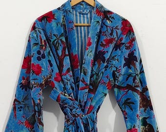 Bird Print Velvet Kimono Robe for Women, Bridesmaid Jacket, Dressing Gown, Winter Loungewear, Christmas Gift, Long Velvet Coat, Floral Style