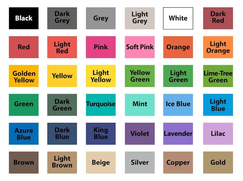 Pode incluir: Uma carta de cores com 36 amostras de cores diferentes, cada uma etiquetada com um nome de cor. As cores incluem preto, cinza, branco, vermelho, rosa, laranja, amarelo, verde, azul, castanho, bege, prata, cobre e ouro.