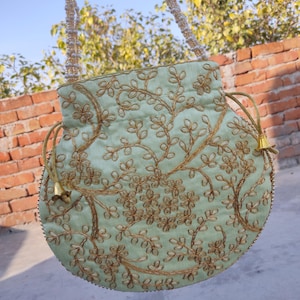 Light Green Handicrafts and Jewellery Women Potli Bags, Evening Handbags for women, Wedding Favors, Indian Potlis, return gifts