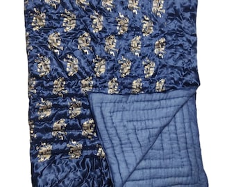 Blue Floral Printed Satin Silk Handmade Quilt / Handmade Silk Quilt / Indian Jaipuri Gold Print Razai / Filled With Cotton Warm Quilt.