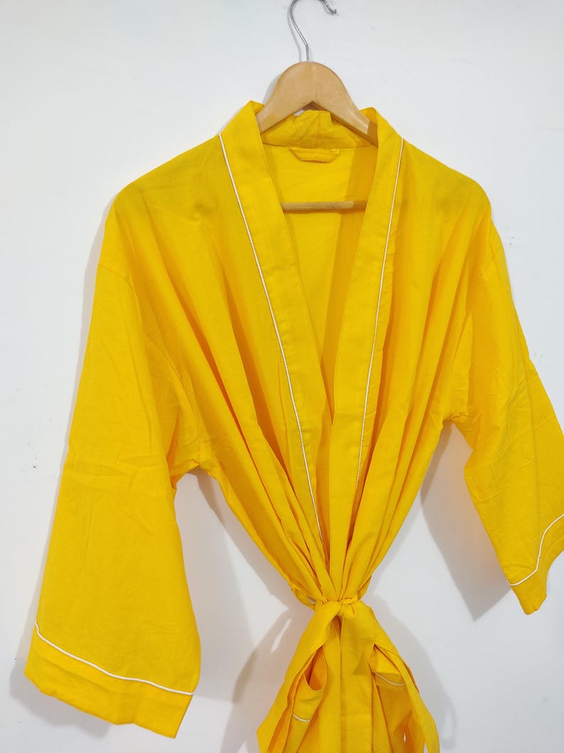 Quimono longo branco liso 100% algodão, roupão quimono, presente de casamento, roupão quimono para dormir, roupa de descanso, roupão de praia, lembrancinha, presente para ela Yellow