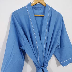 Quimono longo branco liso 100% algodão, roupão quimono, presente de casamento, roupão quimono para dormir, roupa de descanso, roupão de praia, lembrancinha, presente para ela blue
