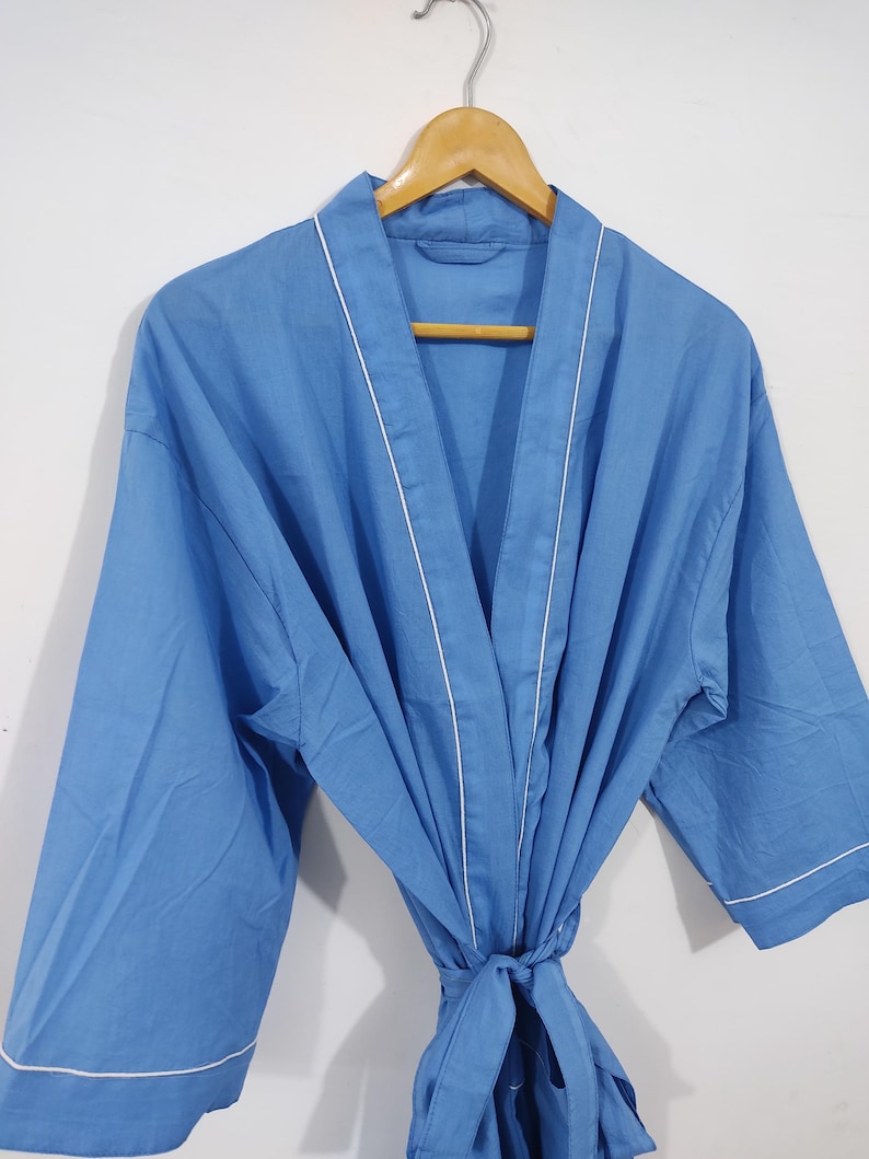 Quimono longo branco liso 100% algodão, roupão quimono, presente de casamento, roupão quimono para dormir, roupa de descanso, roupão de praia, lembrancinha, presente para ela blue
