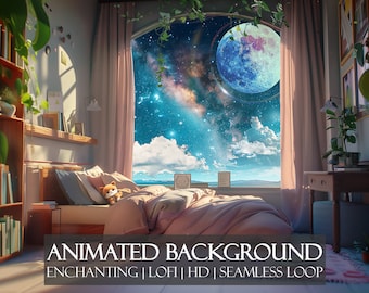 Cute Kawaii Bedroom ANIMATED BACKGROUND | Stars & Moon Sky Lofi  Backdrop, for Zoom, YouTube, Twitch, Vtubers, asmr, obs+ | HD Seamless Loop