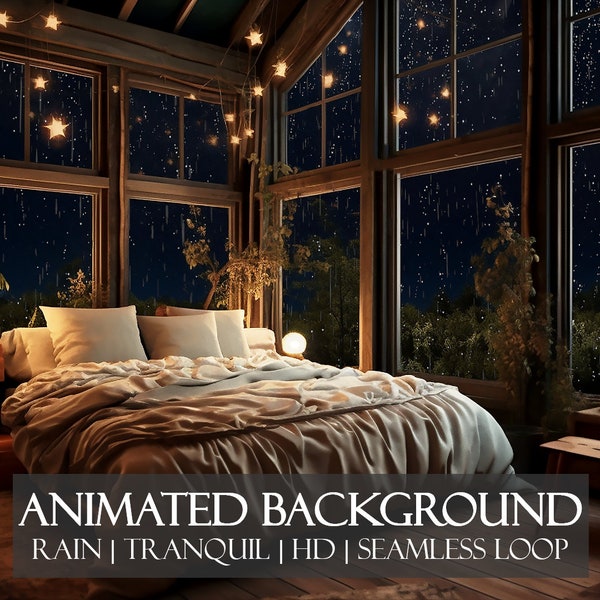 Rain at the Treehouse Bedroom ANIMATED BACKGROUND | Mesmerising Virtual Backdrop for Zoom, Twitch, Vtuber | HD seamless loop