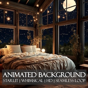 Starlit Treehouse Bedroom ANIMATED BACKGROUND | Enchanting Stars and Moon Virtual Backdrop for Zoom, Twitch, Vtuber | HD seamless loop