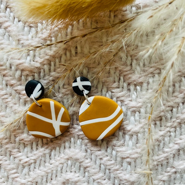 Yellow ochre, black and and white dangles | Handmade Polymer Clay