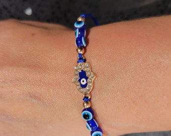 Adjustable Good Luck Hamsa Hand & Evil Eye Protection Blue String Bracelet