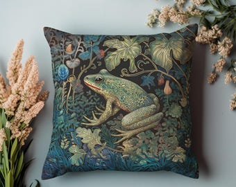 May include: A dark green frog with a light green belly sits on a leafy branch. The frog is surrounded by green and blue leaves and flowers. The background is a dark blue.