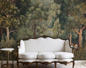 Vintage Panoramic Landscape Wallpaper | Scenic Trees & Rural Wall Mural | Peel and Stick Antique Scenic Wall Decor | French Wallpaper