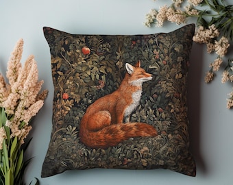 May include: A decorative cushion with a dark green background featuring a detailed illustration of a red fox sitting in a lush forest setting.