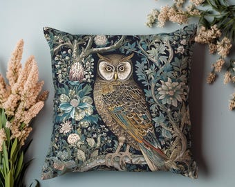 William Morris Sierkussen | Uil in het bos | Hoge afdrukkwaliteit | Forestcore-sierkussen | William Morris-uil | Vintage sierkussen