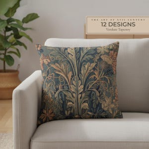 May include: A decorative square pillow with a Verdure Tapestry design. The pillow features a detailed floral pattern in shades of blue, green, and gold. The text "THE ART OF XVII CENTURY" and "12 DESIGNS" is visible on the top right.
