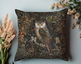 May include: A dark green and gold throw pillow featuring a detailed illustration of an owl perched on a branch in a woodland setting.