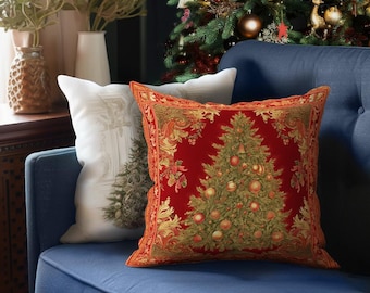 Vintage Christmas Pillow | Christmas Tree | New Year Throw Pillow | Cushion Decor | Victorian Pillow Cover + Insert | High End Print