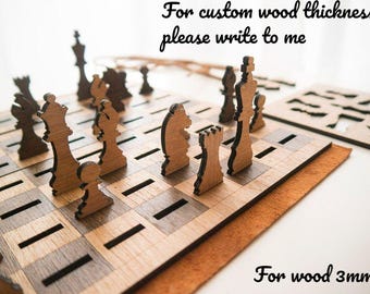 May include: A wooden chess set with a brown and black checkered board and wooden chess pieces. The board is 3mm thick. The text "For custom wood thickness please write to me" is written above the board. The text "For wood 3mm" is written below the board.
