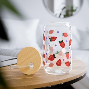 Strawberry Blueberry cup, Strawberry glass cup, Iced Coffee Glass Cup, Floral Glassware, Cute Fruit Design, Aesthetic 16oz Coffee Glass