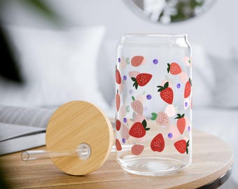 Strawberry Blueberry cup, Strawberry glass cup, Iced Coffee Glass Cup, Floral Glassware, Cute Fruit Design, Aesthetic 16oz Coffee Glass