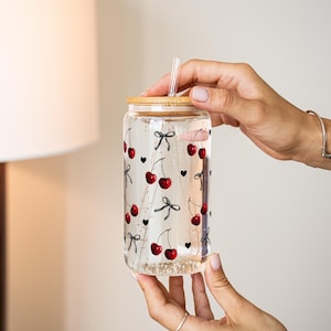 Dark Cherry Coquette Glass Tumbler Coquette Bow Glass Iced Coffee Glass Cup Beer Can Glass Cup Summer Iced Coffee Glass 16oz