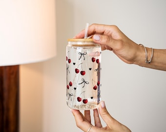 Dark Cherry Coquette Glass Tumbler Coquette Bow Glass Iced Coffee Glass Cup Beer Can Glass Cup Summer Iced Coffee Glass 16oz