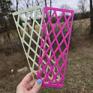 May include: Two rectangular plant trellises featuring a diamond lattice pattern. One trellis is light pastel green and the other is bright hot pink. Both items are constructed with a flat, open-grid design, showcasing a geometric structure.