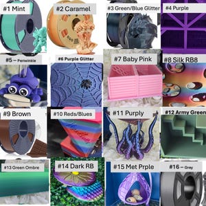 May include: A grid of sixteen 3D printed filament spools and objects labeled 1 through 16, showcasing various colors and textures including mint, caramel, green/blue glitter, purple, periwinkle, purple glitter, baby pink, silk rainbow, brown, reds/blues, purply, army green, green ombre, dark rainbow, metallic purple, and grey.
