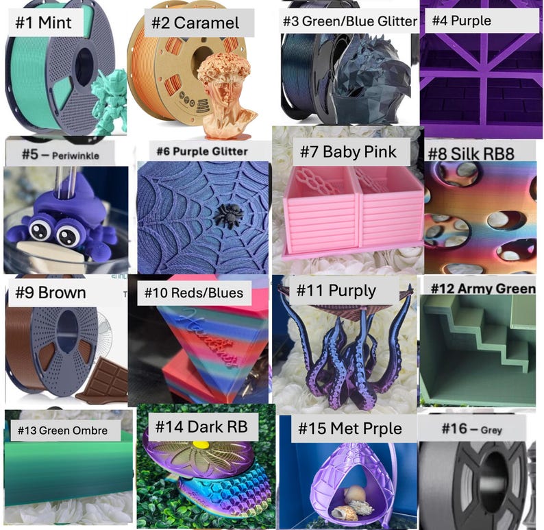 May include: A grid of sixteen 3D printed filament spools and objects labeled 1 through 16, showcasing various colors and textures including mint, caramel, green/blue glitter, purple, periwinkle, purple glitter, baby pink, silk rainbow, brown, reds/blues, purply, army green, green ombre, dark rainbow, metallic purple, and grey.