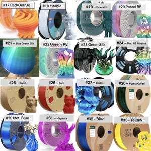 May include: A collection of 3D printer filament spools in various colors and finishes, including red, orange, marble, emerald, pastel, blue, green, sand, magenta, and yellow, displayed with corresponding 3D printed objects and labels.