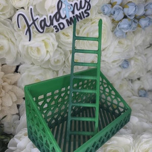 May include: A green 3D printed rectangular bin with a lattice-patterned side wall and a matching green ladder standing upright inside. The bin features a sloped front edge and a striped base, while a logo sign reads Hardinis 3D Minis.