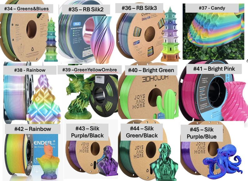 May include: A collection of twelve 3D printer filament spools labeled #34 through #45, featuring various colors including rainbow, silk purple, bright pink, and green. Each spool is displayed alongside a 3D printed object such as a pagoda, vase, or bust.