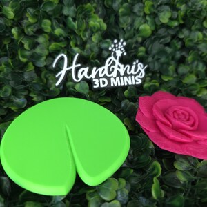 May include: A bright green lily pad and a vibrant pink rose flower figurine. Above the items, a black sign with white text reads HardAni's 3D MINIS with a small star graphic. The objects are smooth and appear to be made of a solid material.