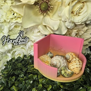 May include: A pink and yellow seashell holder with a rounded corner design. The holder is filled with various seashells. The text "Handmiss 3D Minis" is visible in the background.