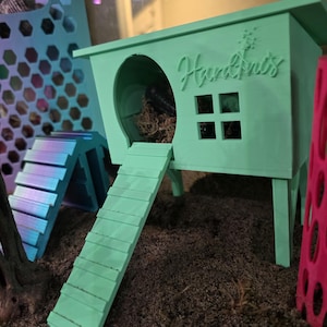 May include: A mint green hamster house with a round entrance and a small window. A ramp leads up to the house. The house has the text "HamdAnts" on the side. Other accessories include a blue and purple ladder and a pink structure.