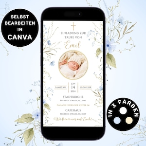 Digitale Einladung Taufe Junge zum Versenden per WhatsApp Taufkarte mit Foto Personalisierbar eCard Taufe Junge Taufeinladung Blumen Canva
