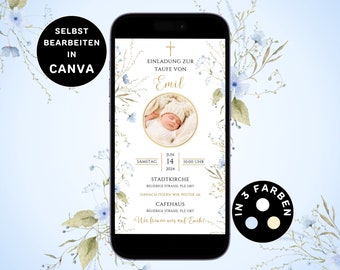 May include: A digital invitation for a baby's christening with a watercolor floral design in shades of blue and green. The invitation features a photo of a baby boy, the name "Emil", the date and time of the event, and the location of the church and reception. The text "SELBST BEARBEITEN IN CANVA" is displayed in a black circle at the top left corner of the image.