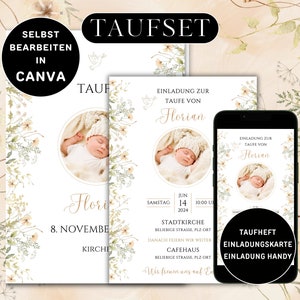 Pode incluir: Um conjunto de convites de batismo imprimíveis com um design floral. Os convites apresentam uma foto de um bebê e o texto "Einladung zur Taufe von Florian" (Convite para o batismo de Florian).