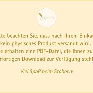 May include: Cream-colored graphic with text in a serif font. The text states that no physical product will be shipped after purchase, and a PDF file will be available for immediate download. A logo with a feather is in the top center.