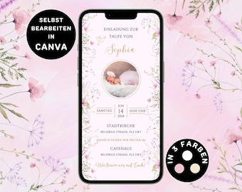 Invitación digital bautizo niña personalizable WhatsApp bautizo invitación foto eCard bautizo niña flores bautizo niña rosa plantilla Canva