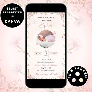 Digitale Einladung Taufe Mädchen Blumen zum Versenden per WhatsApp Taufkarte Foto Personalisierbar Taufeinladung eCard Mädchen Canva Vorlage