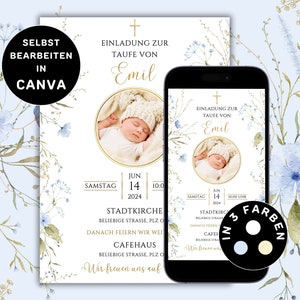 Digitale Einladung Taufe Junge zum Versenden per WhatsApp Taufkarte Foto Personalisierbar zum Ausdrucken Taufe Junge Einladung Blumen Canva