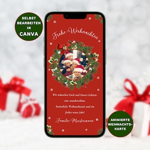 May include: A smartphone screen displaying a red digital Christmas card template. The design features a central circular photo frame surrounded by a green holly wreath, white snowflakes, and the German text Frohe Weihnachten and Familie Mustermann.